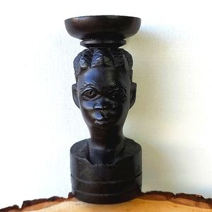 Vintage African Tribal Ebony Handcarved Figural Candleholder